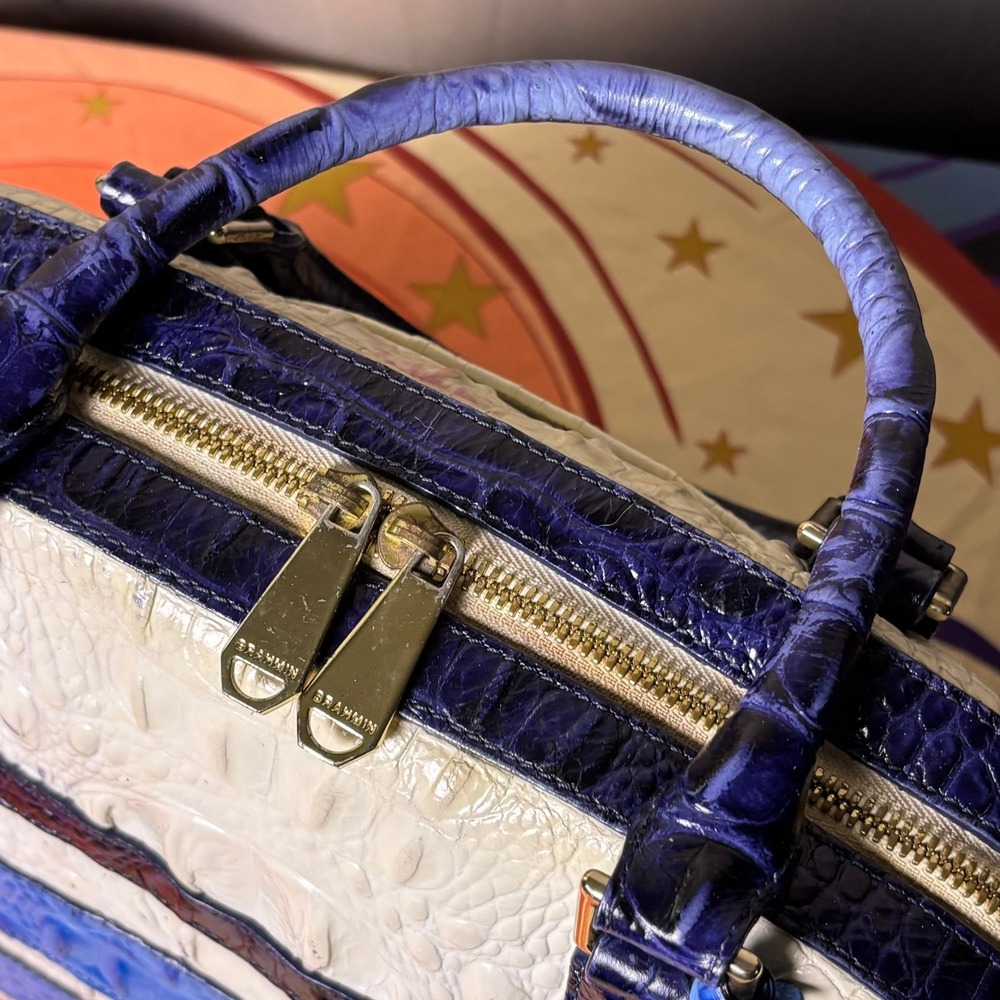 Brahmin Vineyard Croc Embossed Leather Satchel White Nautical Bag luxury Purse - Picture 15 of 16
